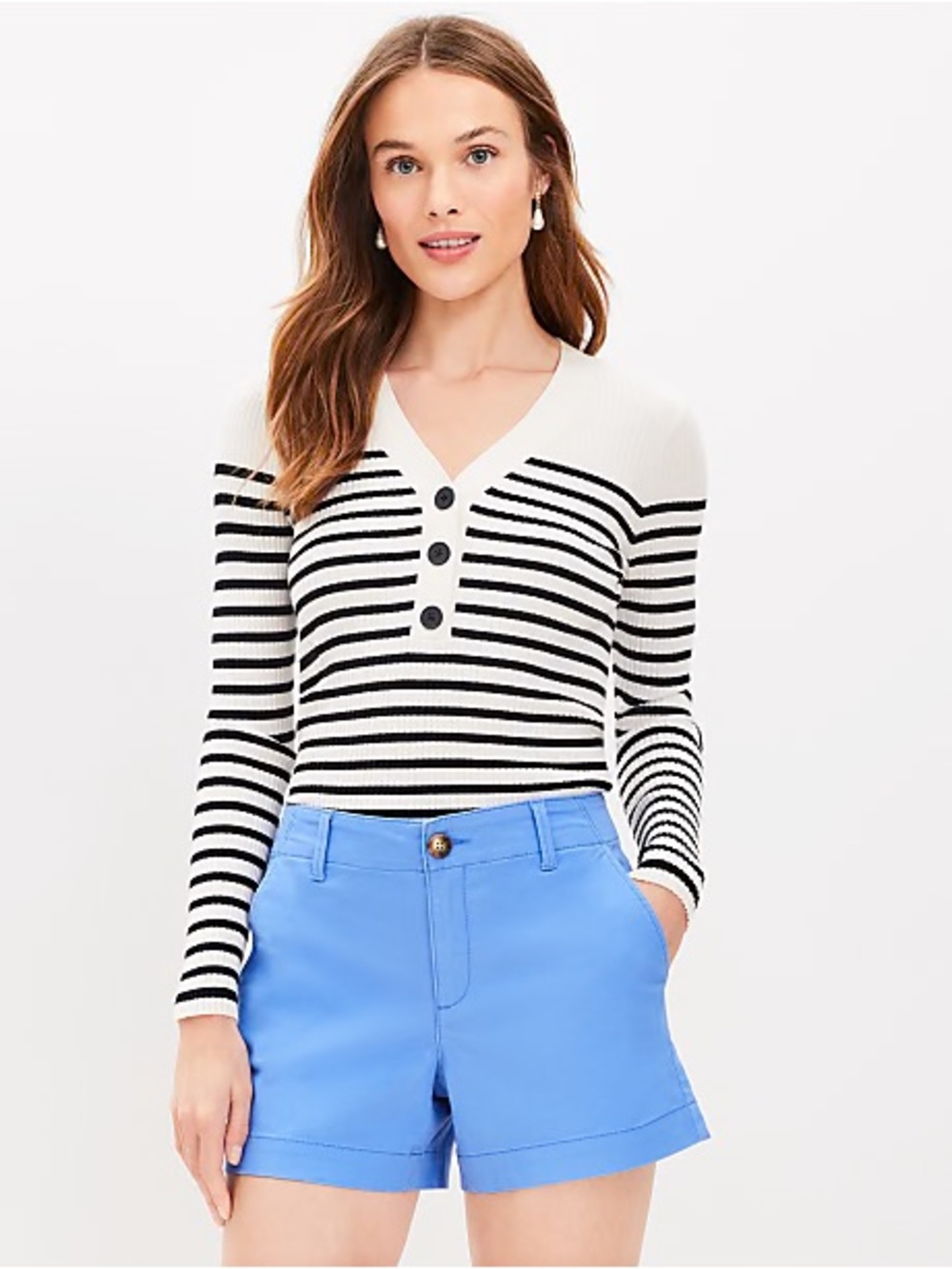LOFT Black & Cream Striped Ribbed Henley